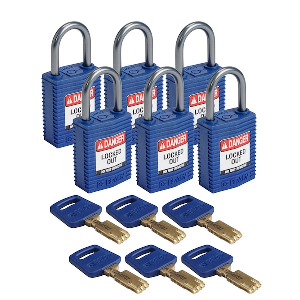 Compact SafeKey Key Retaining Nylon Padlock 1 in Aluminum Shackle KD Blue 6PK